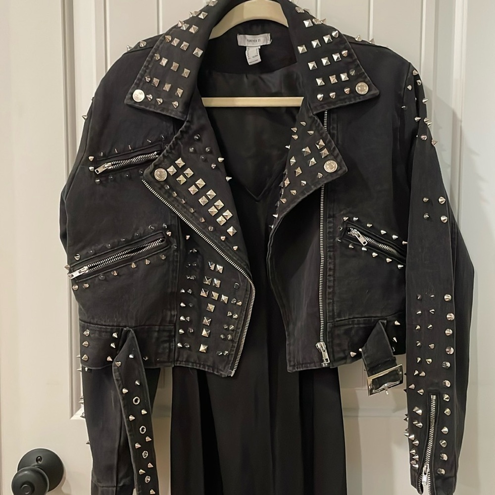 Free people vibe… Forever 21 size medium black denim studded jacket